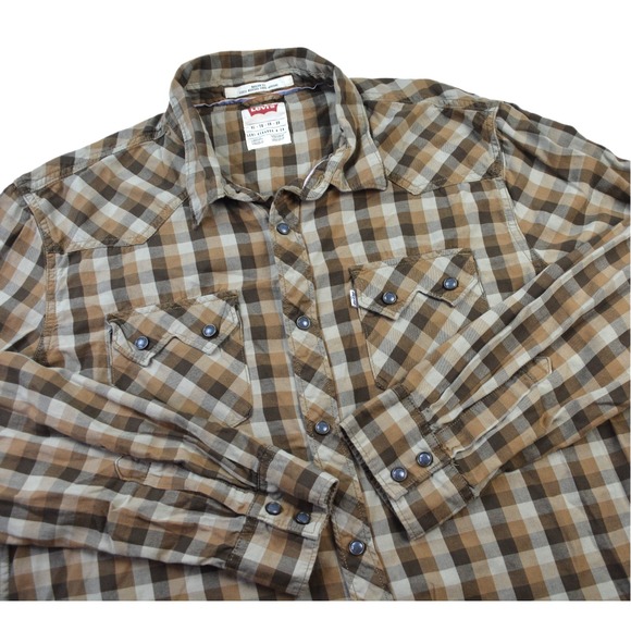 Levi's Tops - Levis Western Style Black Pearl Snap Modern Fit Plaid Shirt Pockets Woman's XL‎